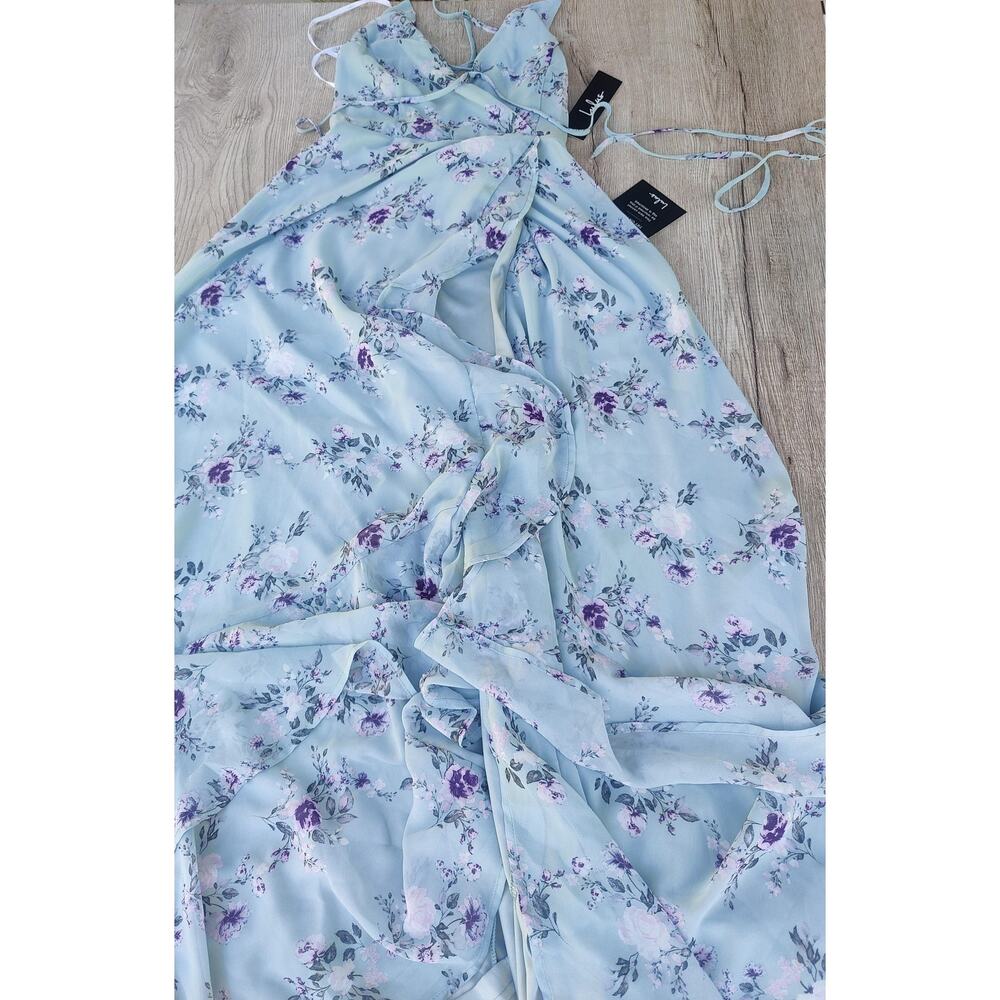New Lulus Dress Womens Size XS Blue Floral Chiffon Wrap Maxi Ruffle Cottagecore - Picture 2 of 3
